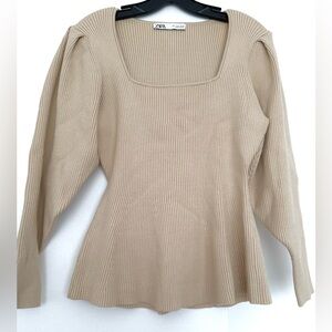 Zara Beige Ribbed Crew Neck Sweater
